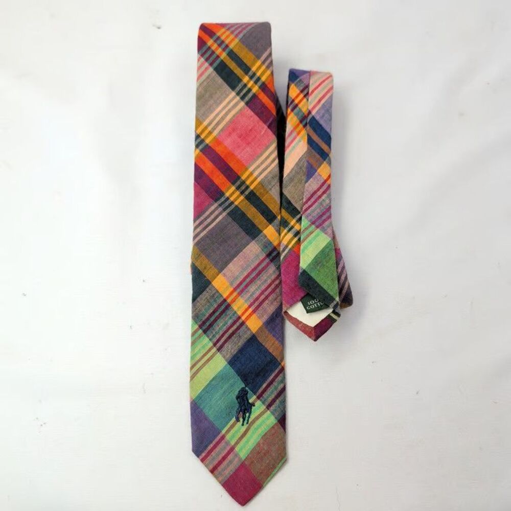 Polo Ralph Lauren Mens Tie Madras Plaid Cotton Multicolor Pony Logo Pre-Owned